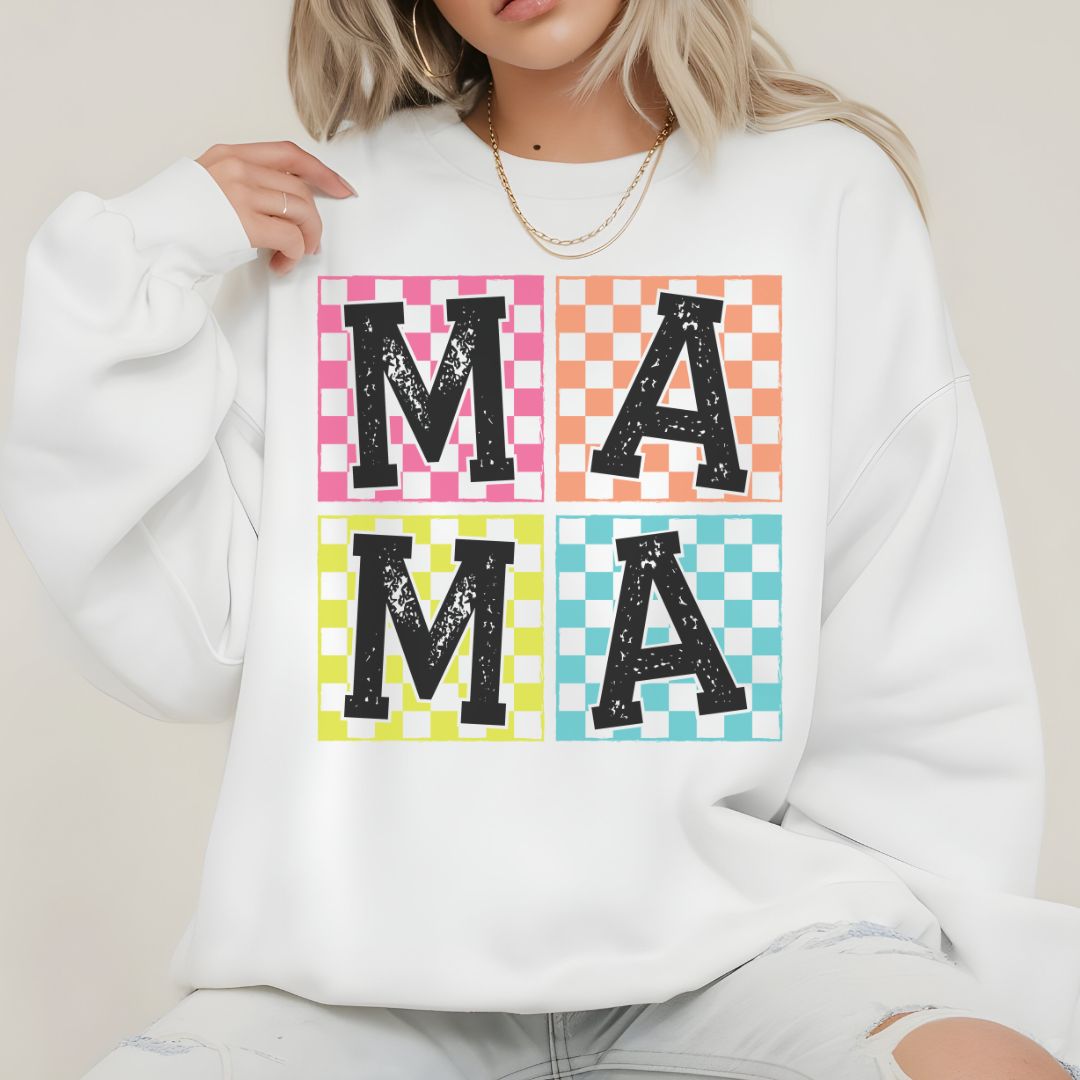 Mama Checkered Pattern Crewneck Sweatshirt - Cozy Gift for Moms