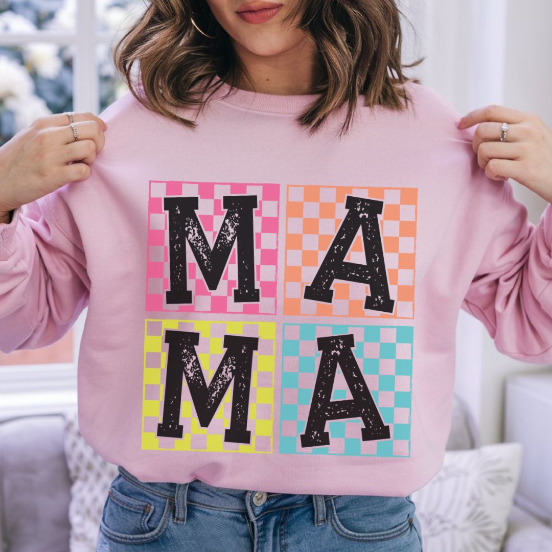 Mama Checkered Pattern Crewneck Sweatshirt - Cozy Gift for Moms