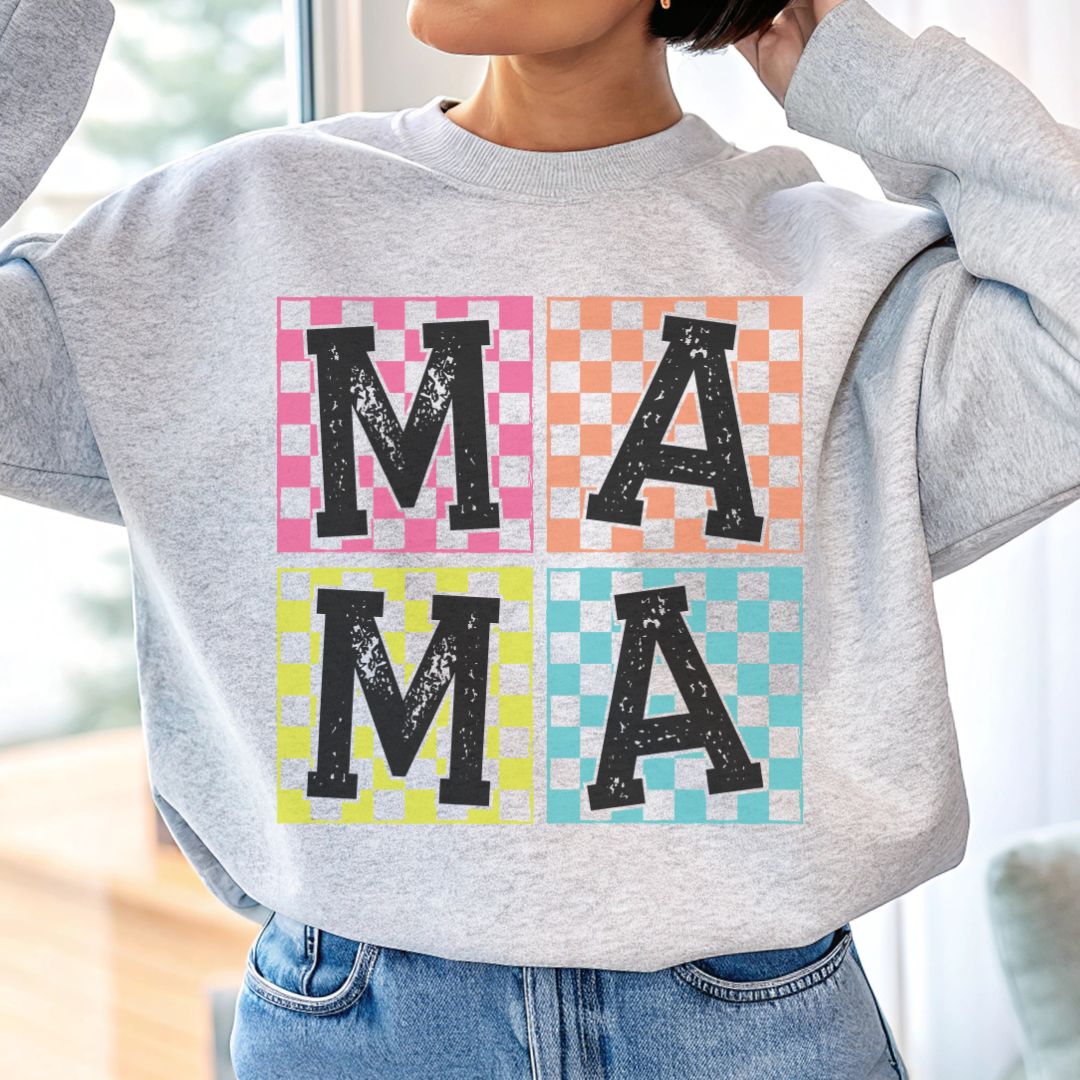Mama Checkered Pattern Crewneck Sweatshirt - Cozy Gift for Moms